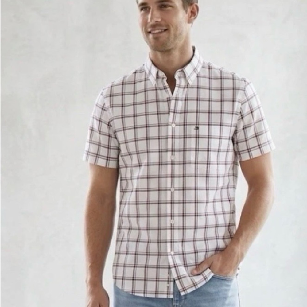 Tommy Hilfiger White Red/Blue Check Cotton Button Up Shirt Mens L Classic Fit SS